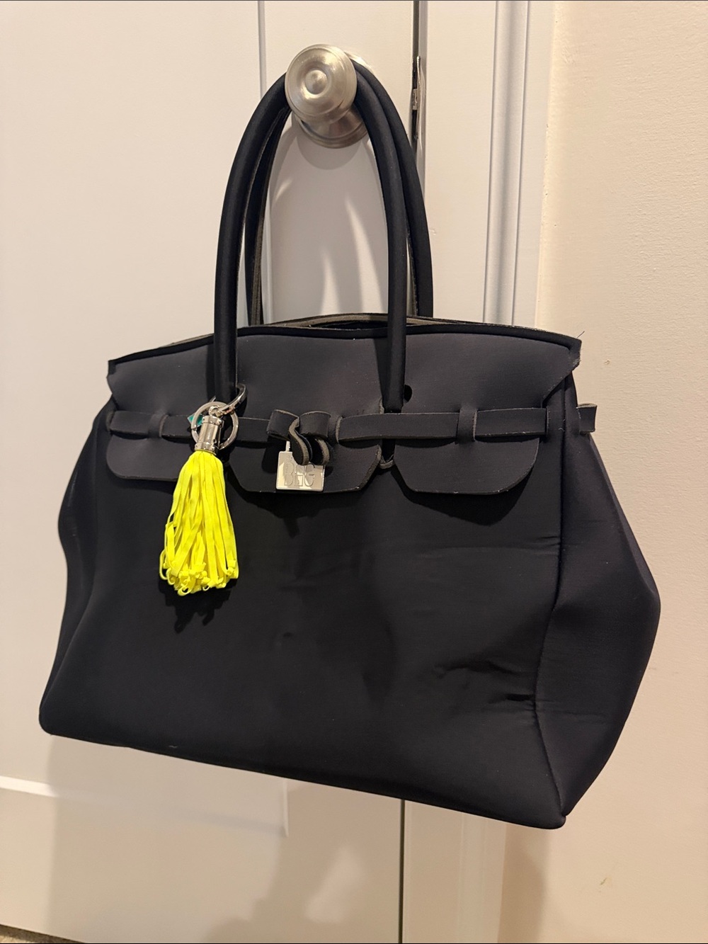 Save My Bag Black Tote Handbag with Neon Yellow Tassel